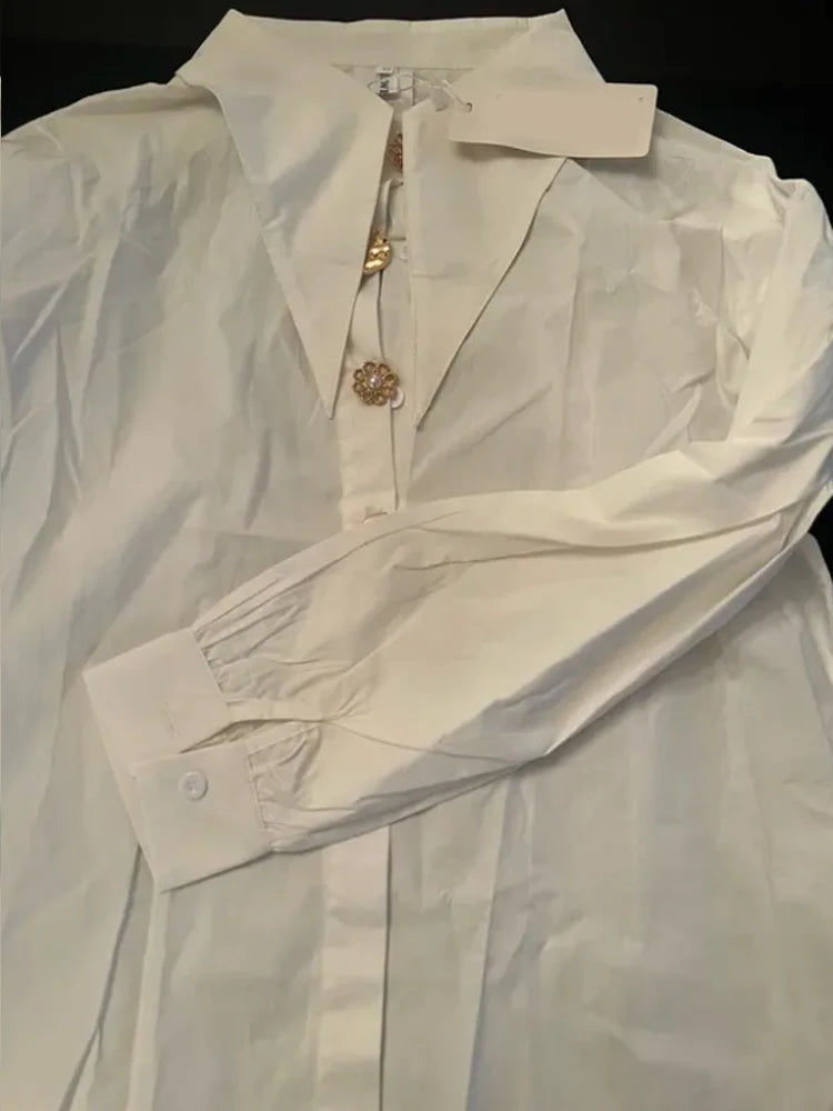 Women's Long Sleeve Pointed Collar Designer Button Down Blouse