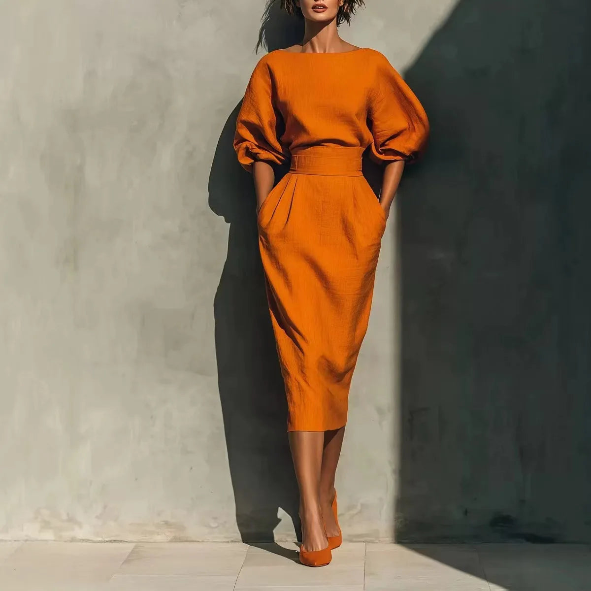 Women O-neck Lantern Sleeve Pocket Midi High Waist Pleated Wrap Hip Dress