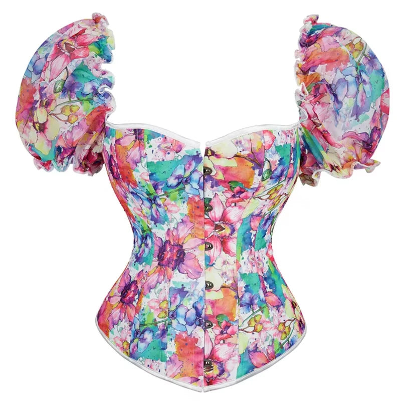 Woman Sexy Floral Ruffle Puff Sleeve Off Shoulder Corset