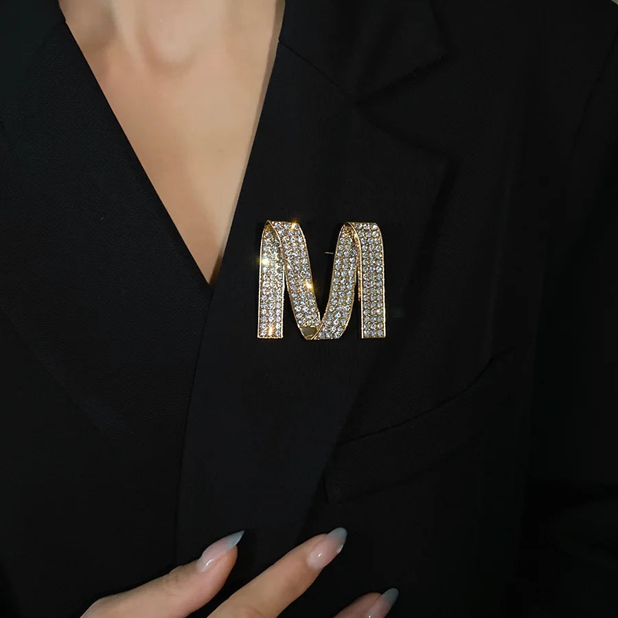 Dedicate Gold Color M Letter Full Rhinestone Brooch for Women