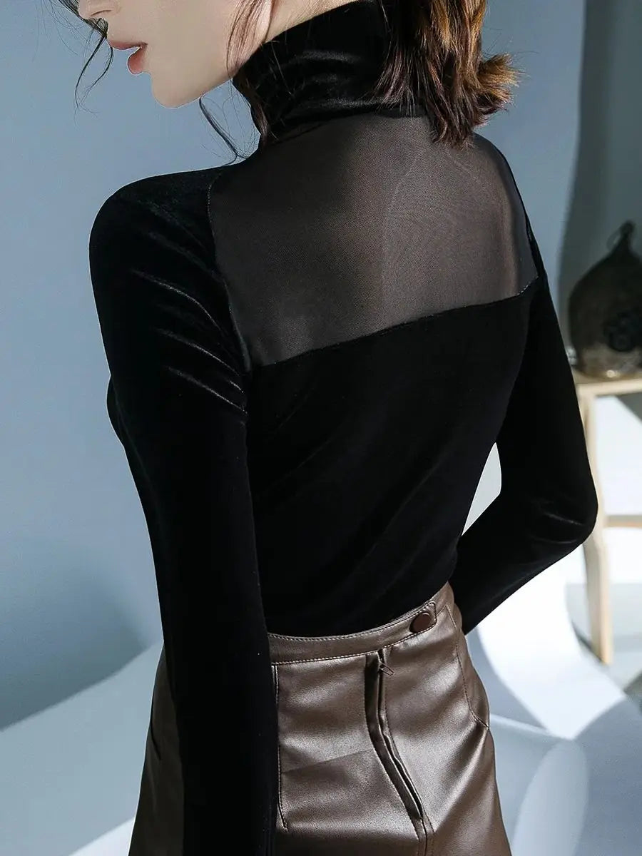 Velvet Mesh Slim T Designer Long Sleeve Turtleneck
