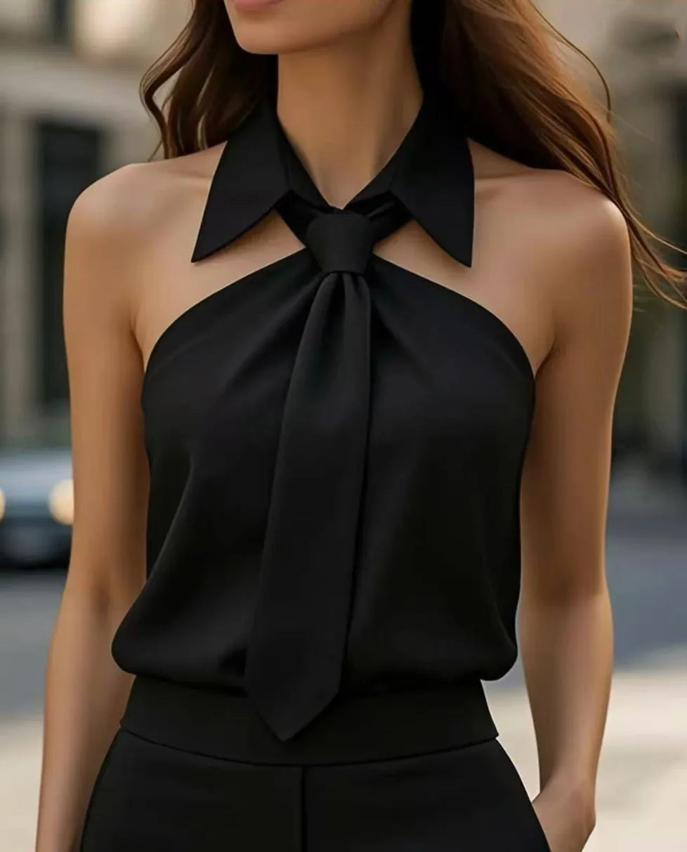 Halter Necktie Lapel Design Sleeveless Blouse