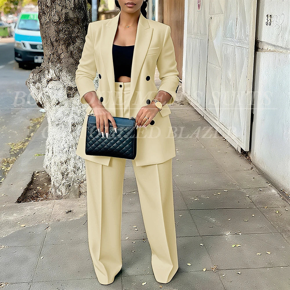 Elegant Women's Double Breasted Peak Lapel Blazer and Pleated Trouser Pants 2pc Suit