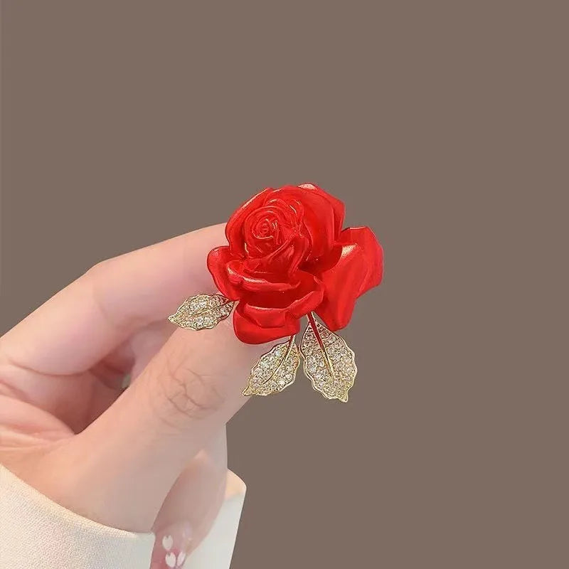 Luxury Rhinestone Red Rose Flower Brooch for Women