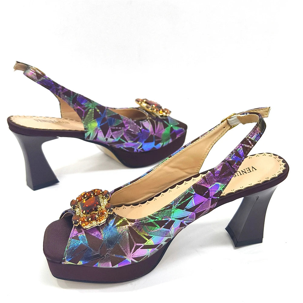 Elegant Women Peep Toe Designer Rhinestone Italian Shoes and Matching Bags