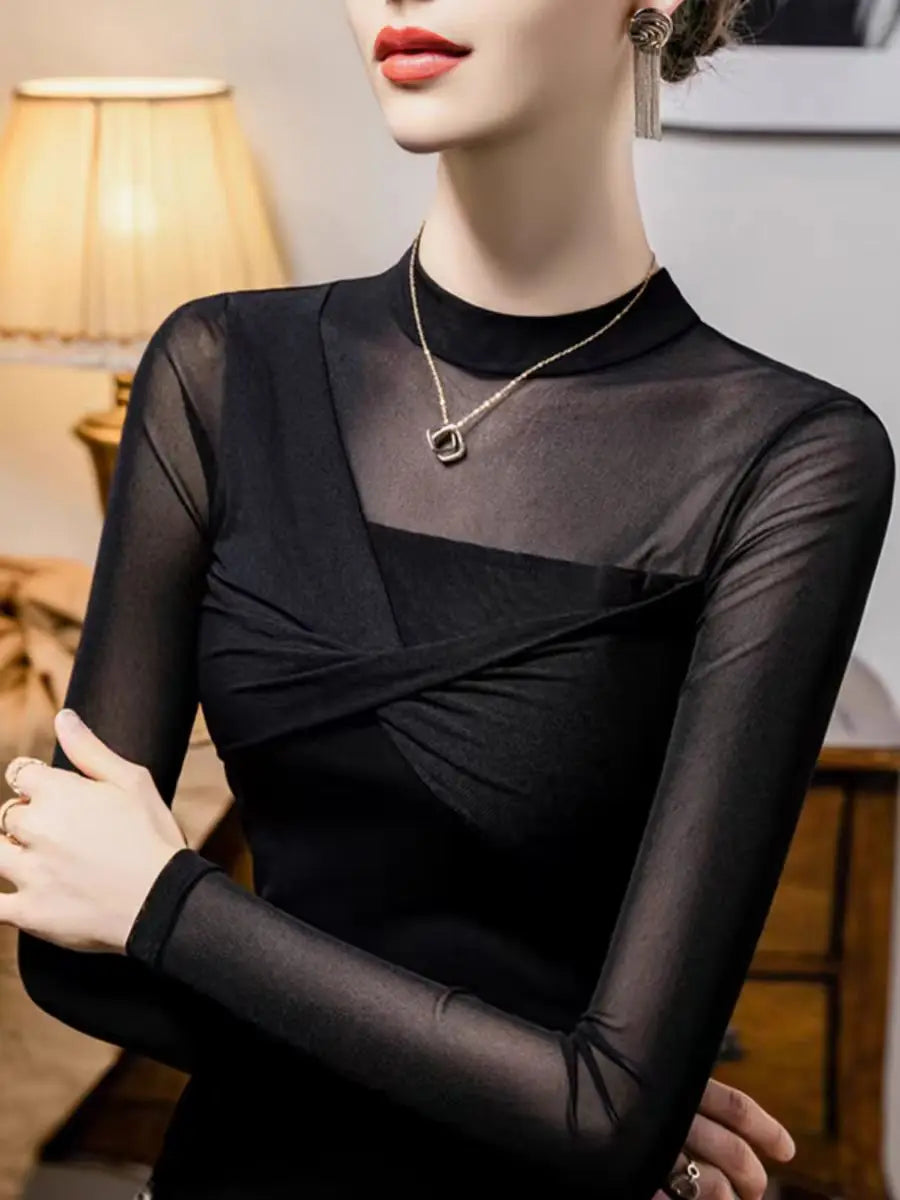 Women Long Sleeve One Shoulder Mesh Turtleneck Designer Blouse