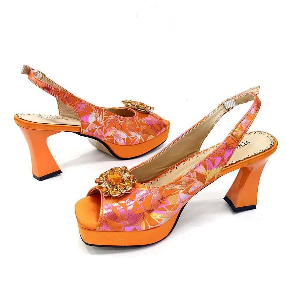 Elegant Women Peep Toe Designer Rhinestone Italian Shoes and Matching Bags