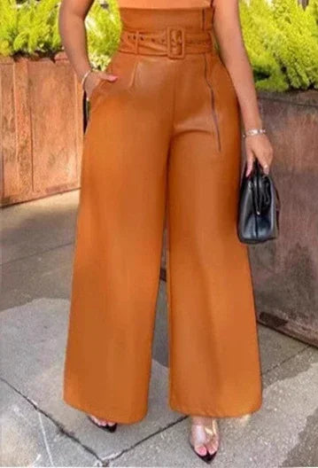 Women's High Waist Leather Wide Leg Pants