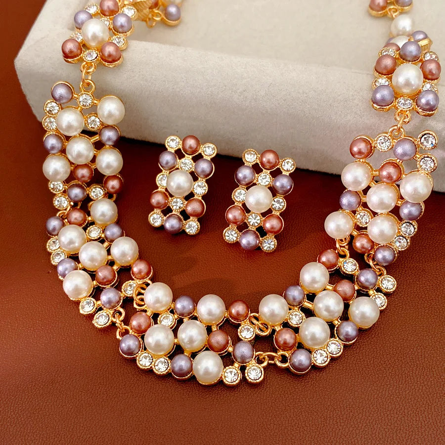 Vintage Pearl Rhinestone Choker Necklace and Earrings Set