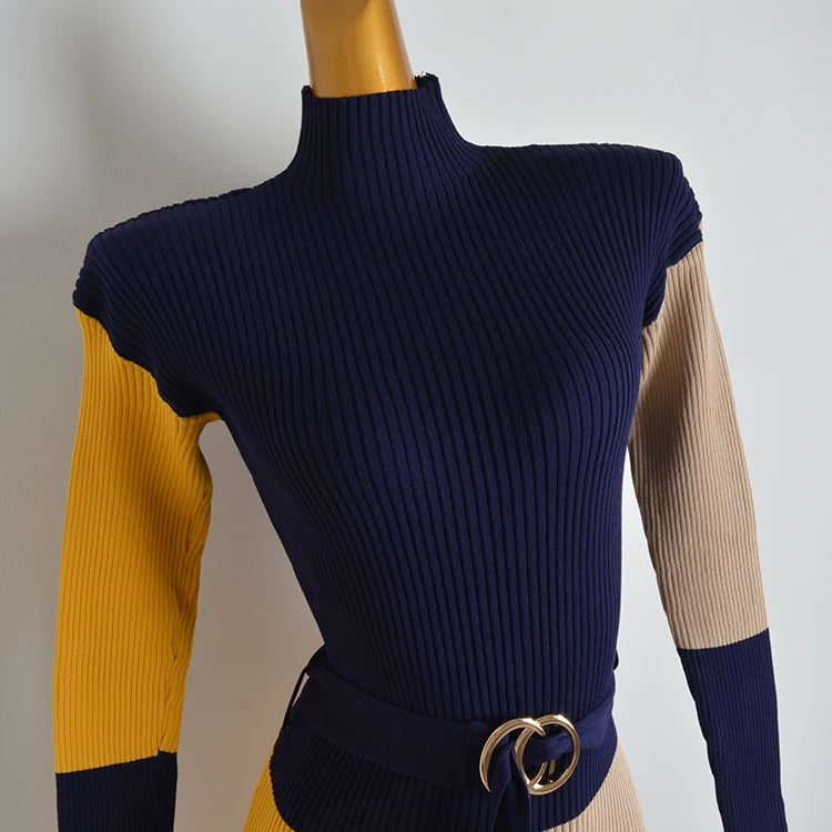 Women's Knitted Color Block Long Sleeve Turtleneck Sweater Dress with Belt