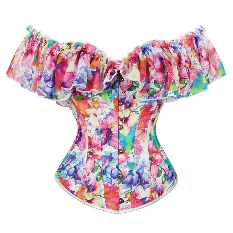 Woman Sexy Floral Ruffle Puff Sleeve Off Shoulder Corset