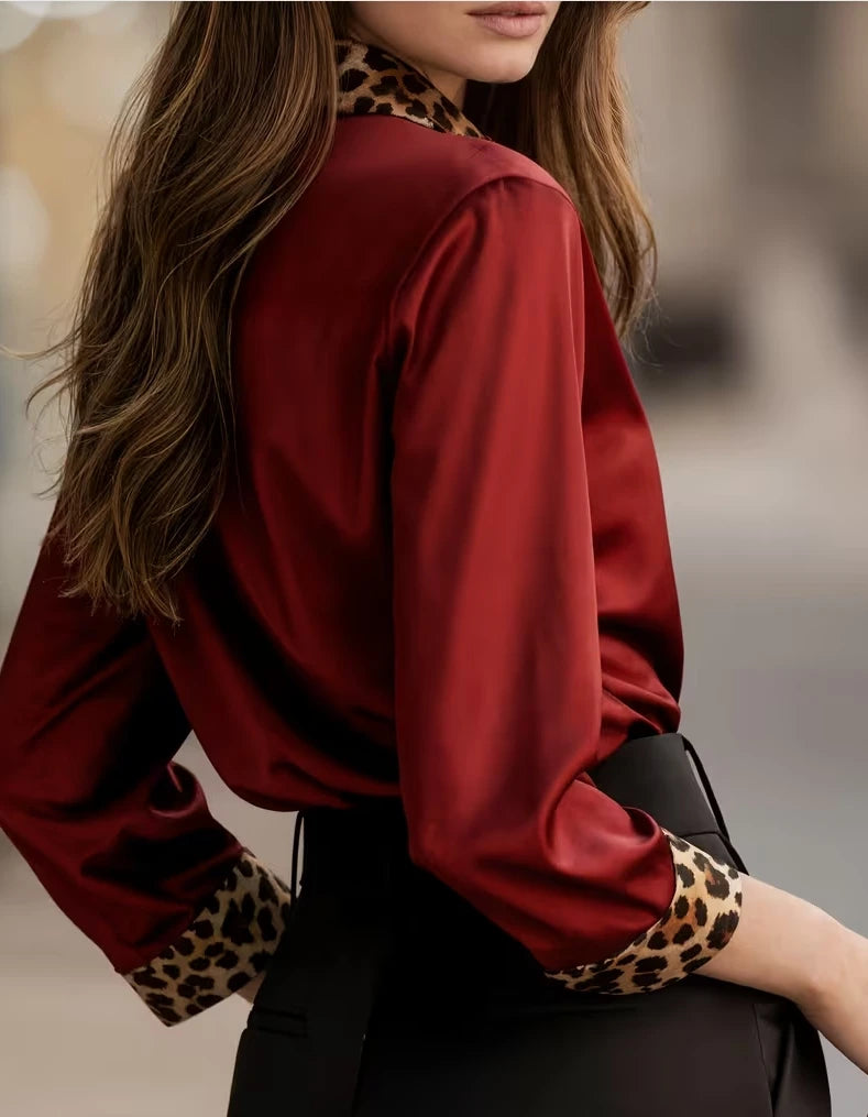 Elegant Long Sleeve Button Down Leopard Print Collar Loose Fit Blouse 