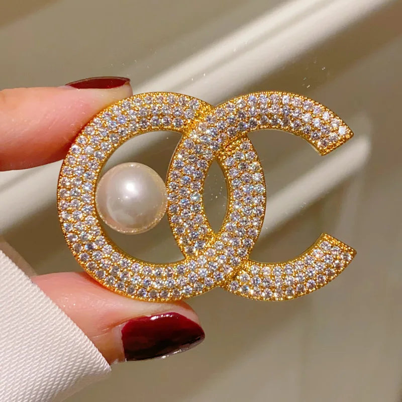 Rhinestone Letter C Pearl Brooch