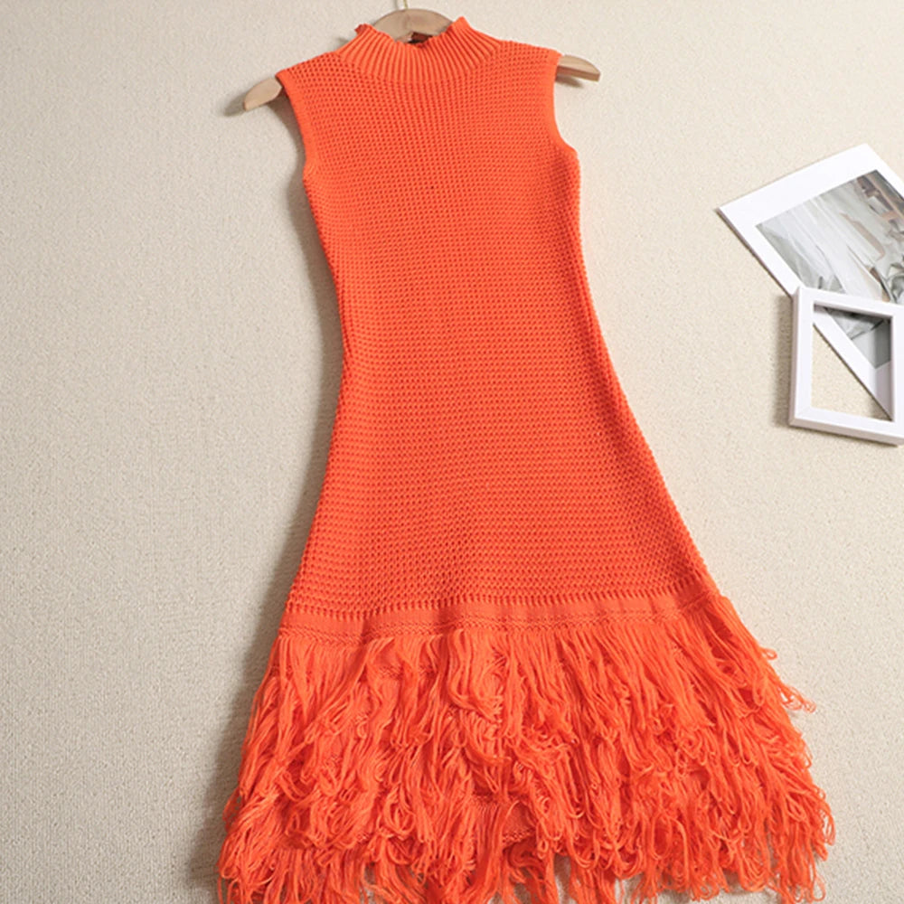Sleeveless Designer Mini Tassel Knitted Dress