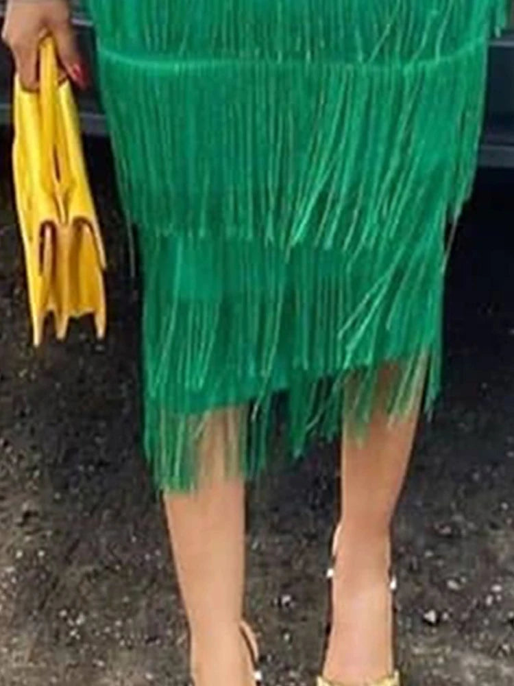 Women's Fringe Bodycon Tassel High Waist Stretch Midi Pencil Skirt