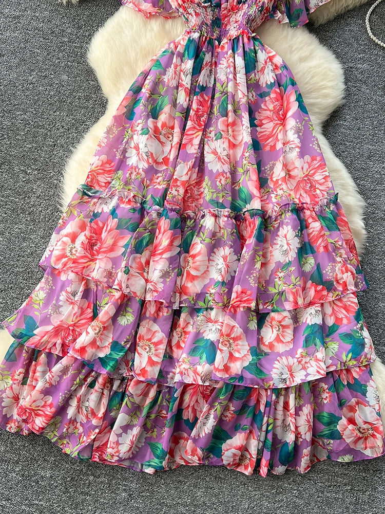 French Style Floral Retro V-neck Ruffle Sleeve High Waisted Chiffon Dress