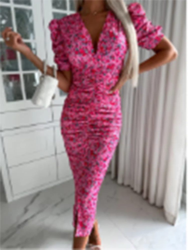 Sexy Summer Floral Print Deep V Neck Short Sleeve Bodycon Dress