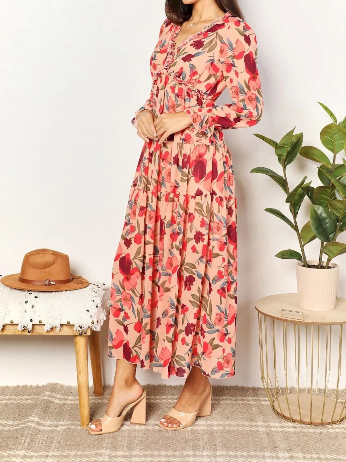 Elegant Floral Print Ruffle Layered Long Sleeved Chiffon A Line Long Maxi Dress