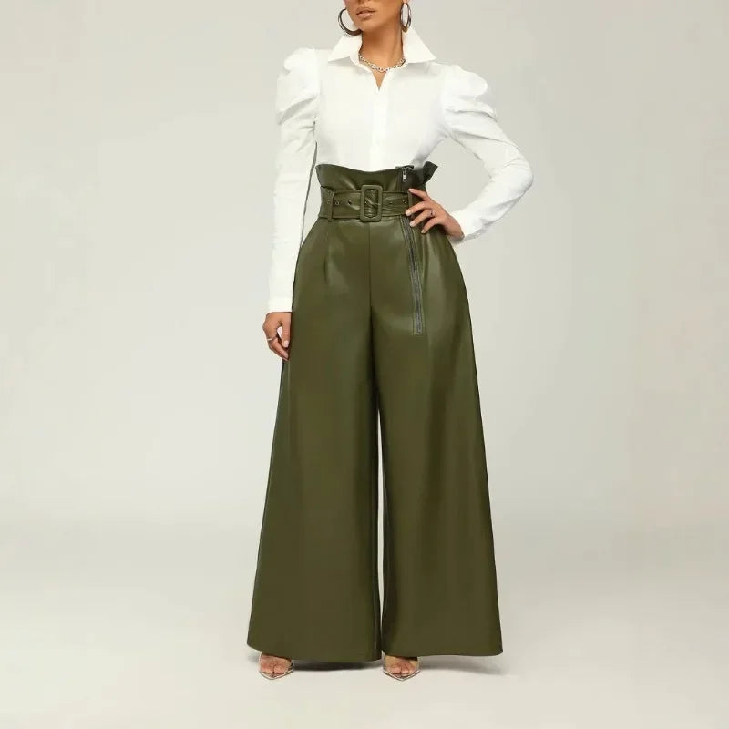 Women's High Waist Leather Wide Leg Pants