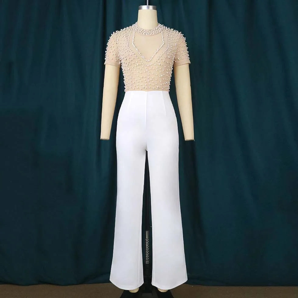 Elegant Women O Neck Short Sleeve Beaded High Waisted Luxury Jumpsuit