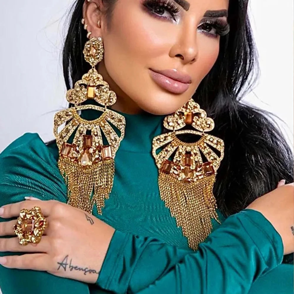 Women Luxury Colorful Rhinestone Exaggerated Tassel Earrings