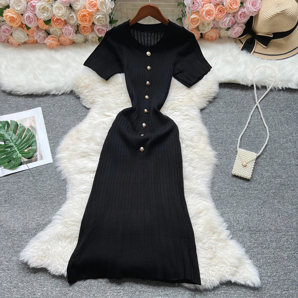 Knitted Designer Scoop Neck Short Sleeve Sweater Dress