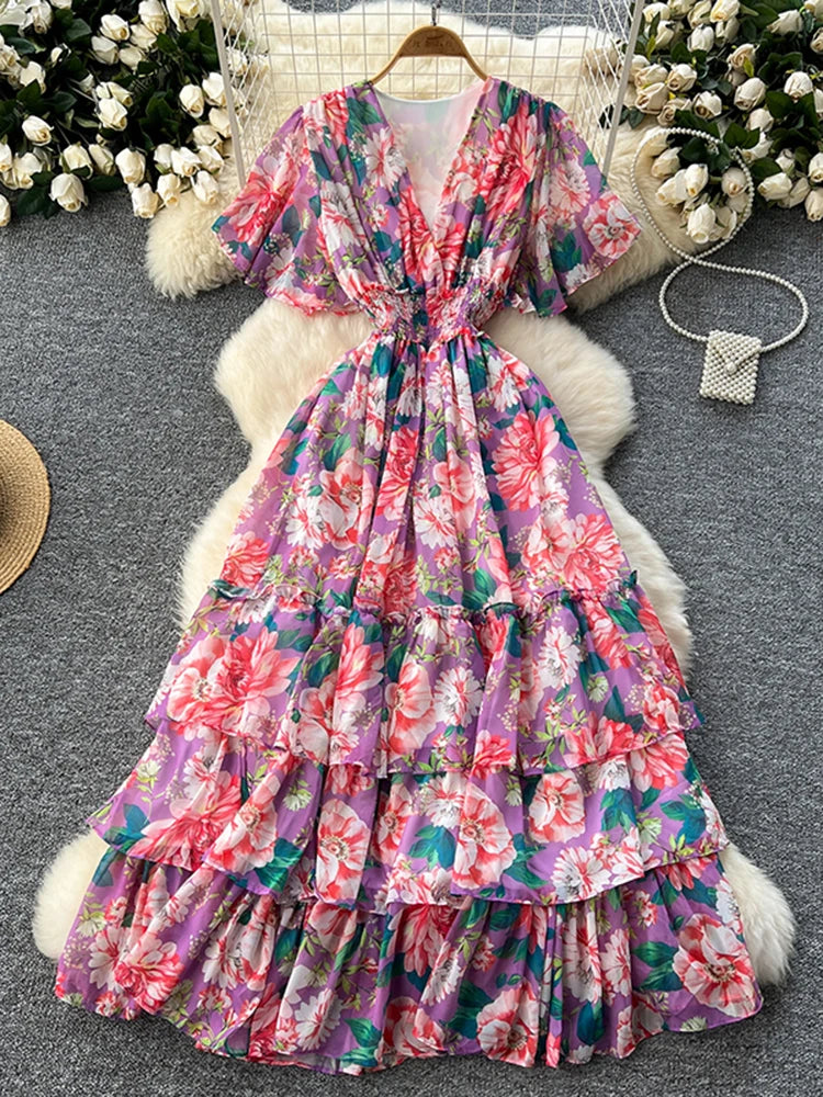 French Style Floral Retro V-neck Ruffle Sleeve High Waisted Chiffon Dress