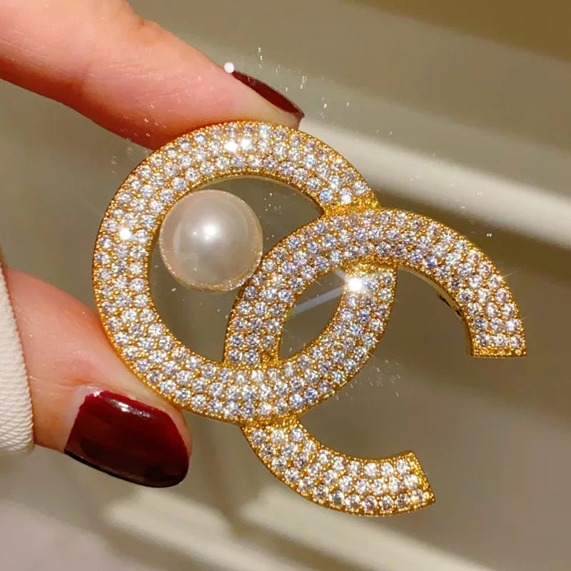 Rhinestone Letter C Pearl Brooch