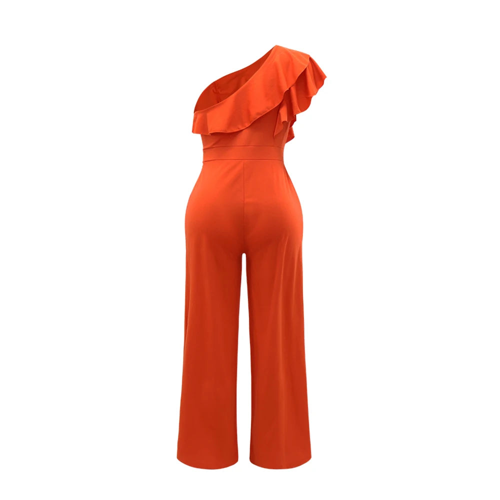 Ruffle One Shoulder Elegant Solid Color Jumpsuit