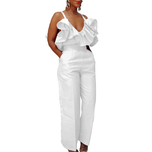 Designer Deep V Neck Ruffles High Waist Pants Jumpsuit