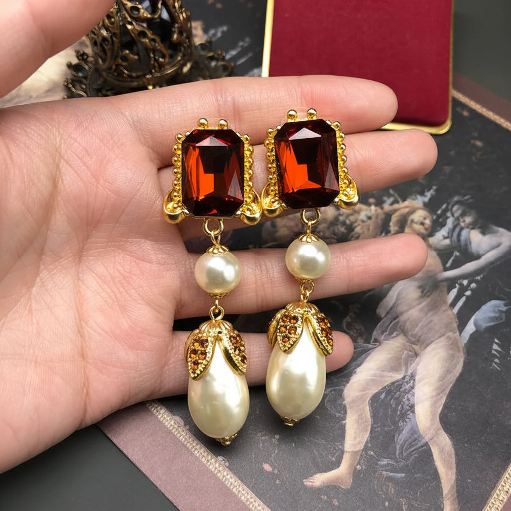 Classic Retro Vintage Rhinestone White Pearl Water Droplet Necklace Earring Set