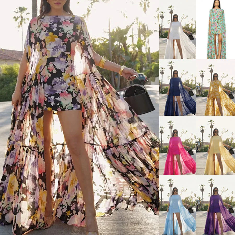 Flower Print Chiffon Big Hem Slim Mini Designer Dress