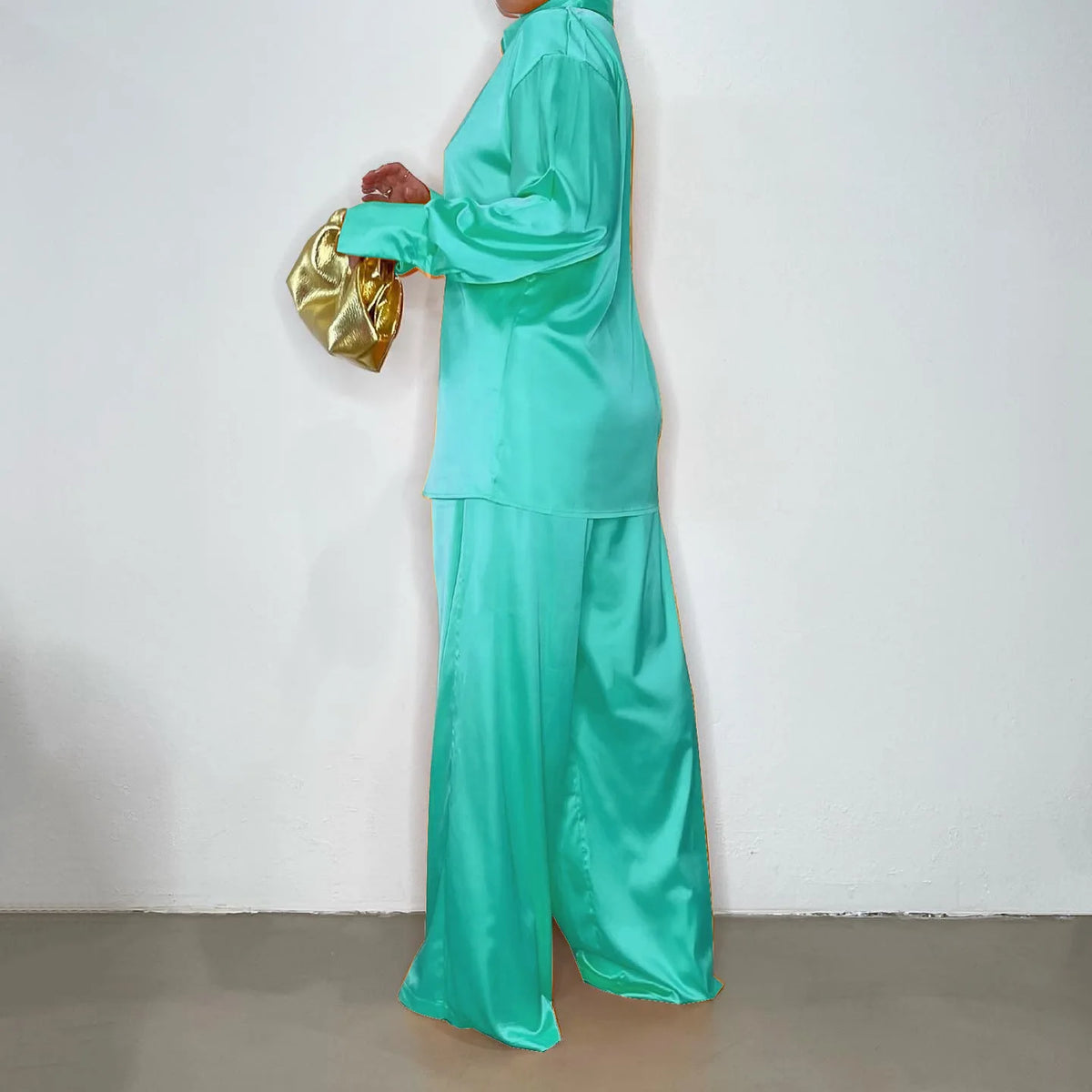 Elegant Satin Women's Long Sleeve Tracksuit And Wide Leg Pants