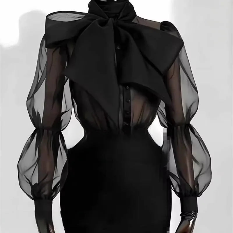 French Designer Bubble Sleeve Bow Tie Collar Blouse