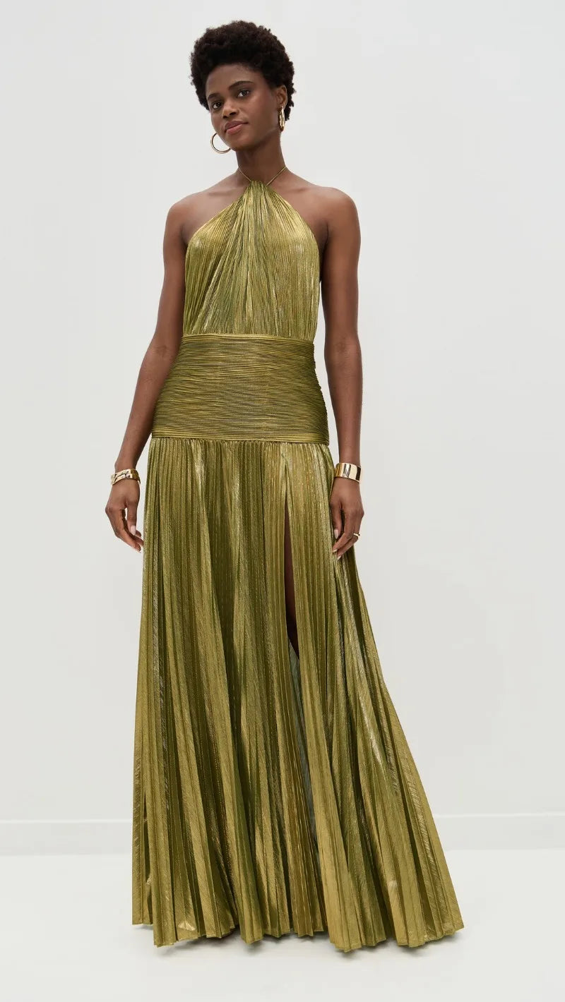 Metallic Gold Off Shoulder Backless Halter Long Dress w/ High Split