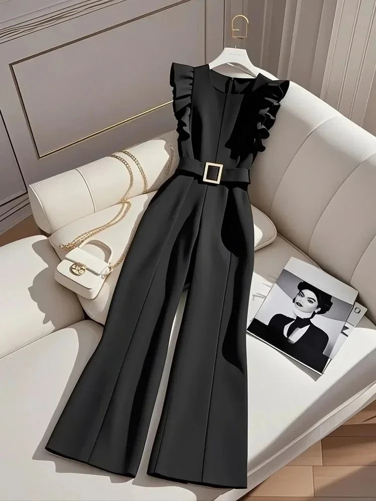 Summer Oversized Luxury Ruffle Sleeveless Elegant Bodysuit Solid with Belt