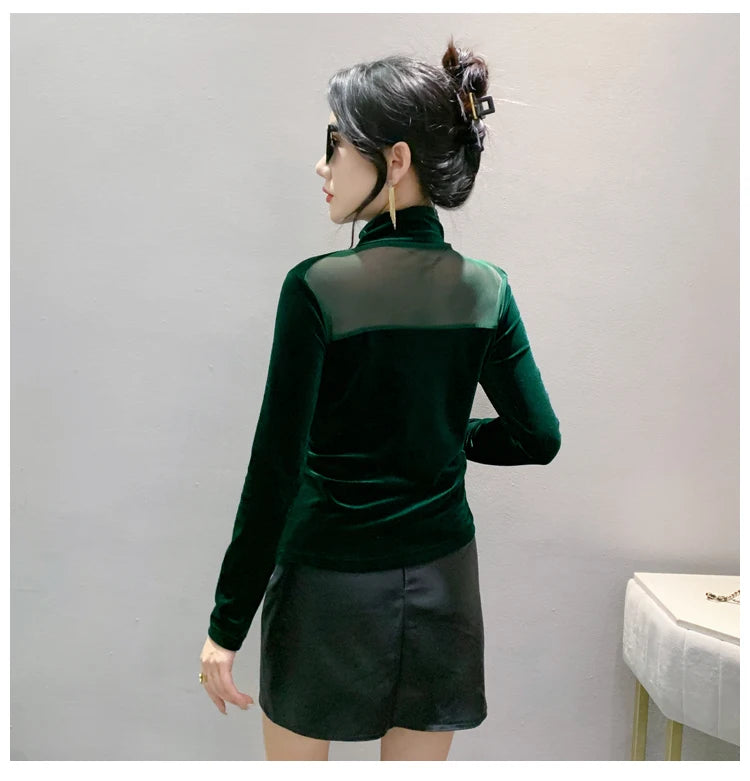 Velvet Mesh Slim T Designer Long Sleeve Turtleneck