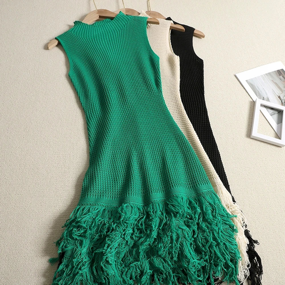 Sleeveless Designer Mini Tassel Knitted Dress