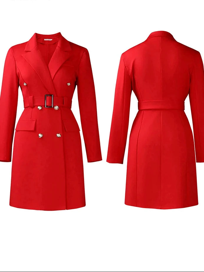 A bright red double-breasted belted coat shown from both front and back views on a plain white background, with the brand name 'Mlaicsr' printed in black at the top left.