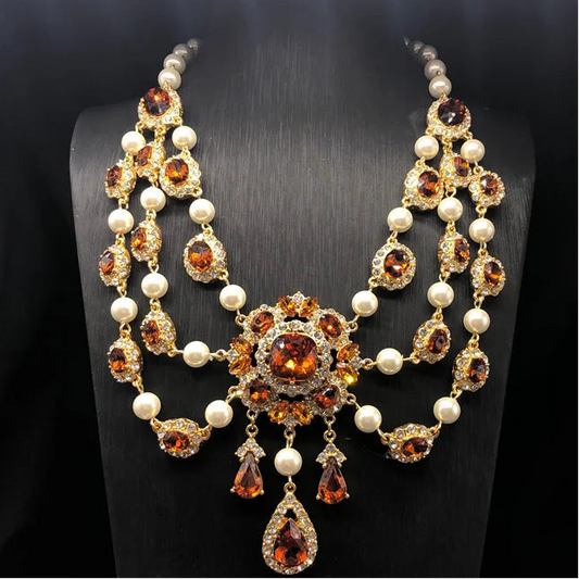 Classic Retro Vintage Rhinestone White Pearl Water Droplet Necklace Earring Set