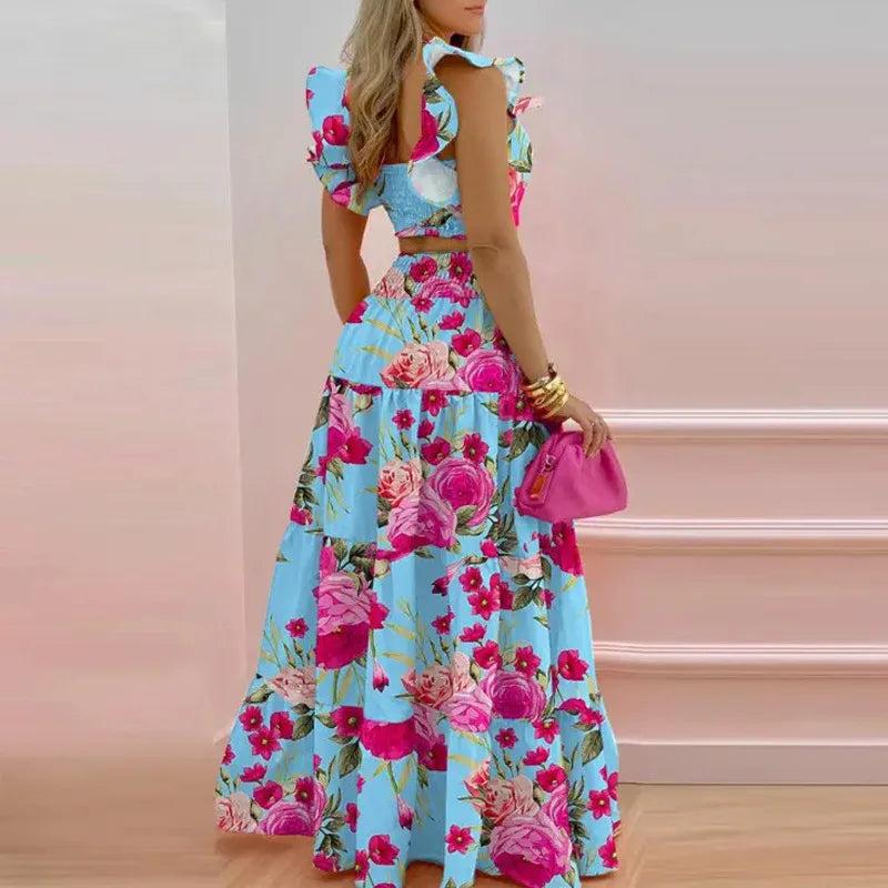 Women's Floral Print Square Neck Sleeveless Crop Top + Ruffled Maxi Skirt Two-Piece Set