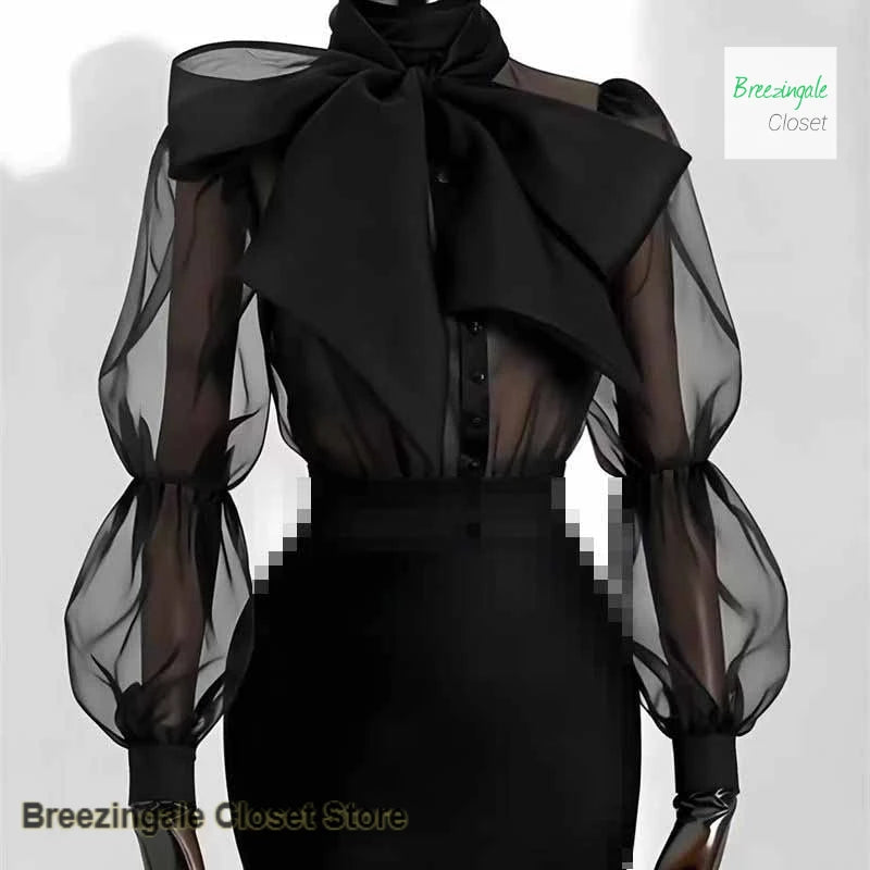 French Designer Bubble Sleeve Bow Tie Collar Blouse