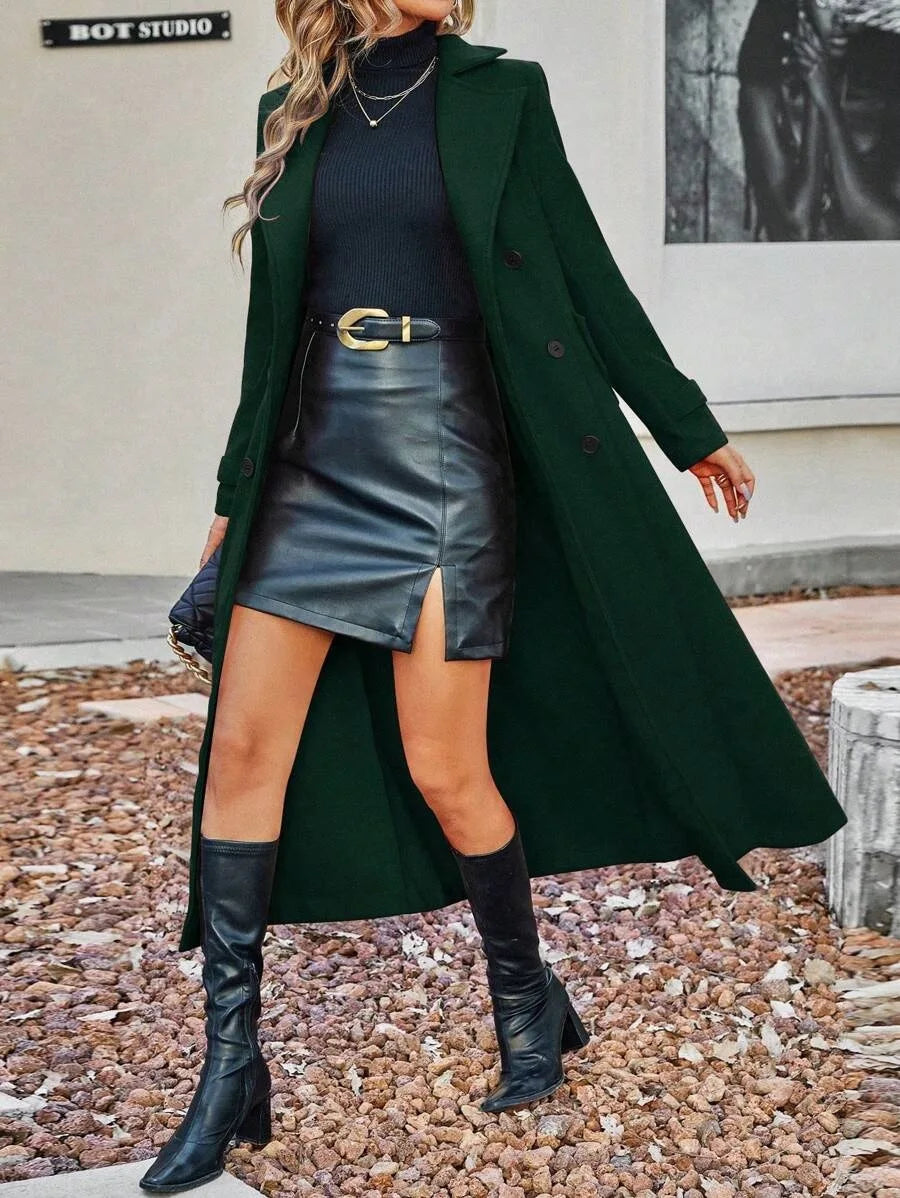 Women's Full Sleeve Double-Breasted Long Winter Coat w/ Pockets