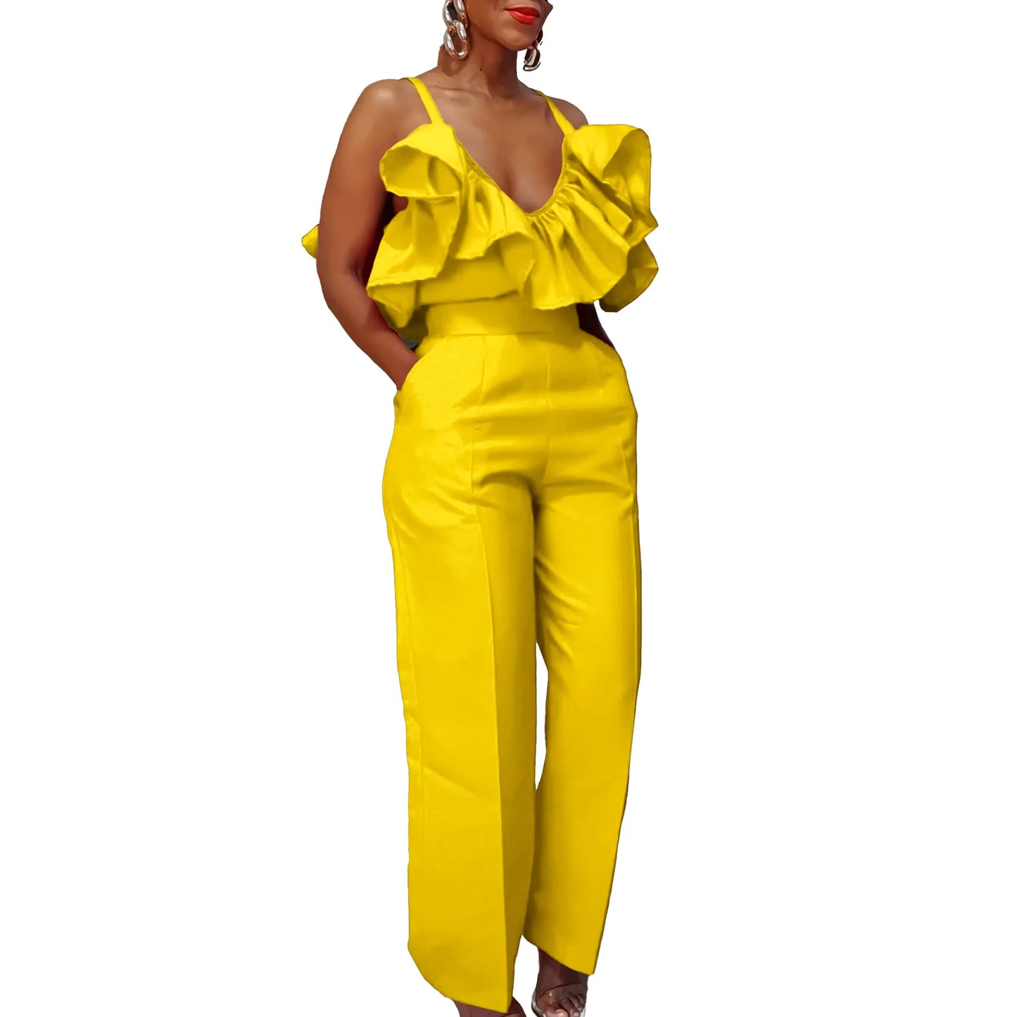 Designer Deep V Neck Ruffles High Waist Pants Jumpsuit