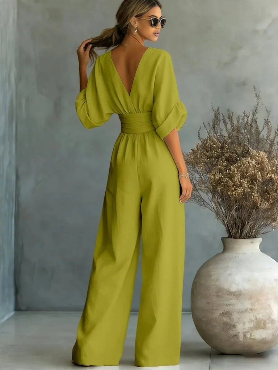 Women's High Waist V-neck Solid Color Wide Leg Jumpsuit