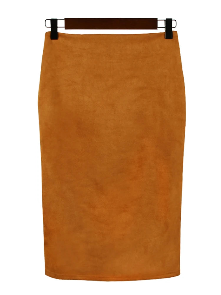 Sexy Multi Color Suede Elastic High Waist BodyCon Midi Pencil Skirt