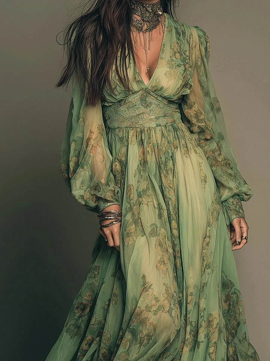 Elegant Green Floral Print Chiffon Maxi Deep V Neck High Waist Dress