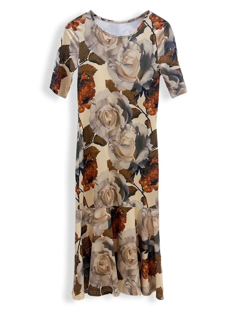 Women's Slim Fit Round Neck Autumn Floral Printed Slimming Dress
