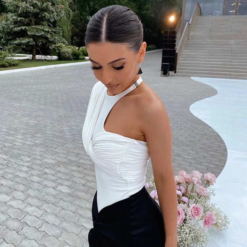 Sexy Pleated One Shoulder Long Sleeve High Waist Slim Backless Twist Bodysuit