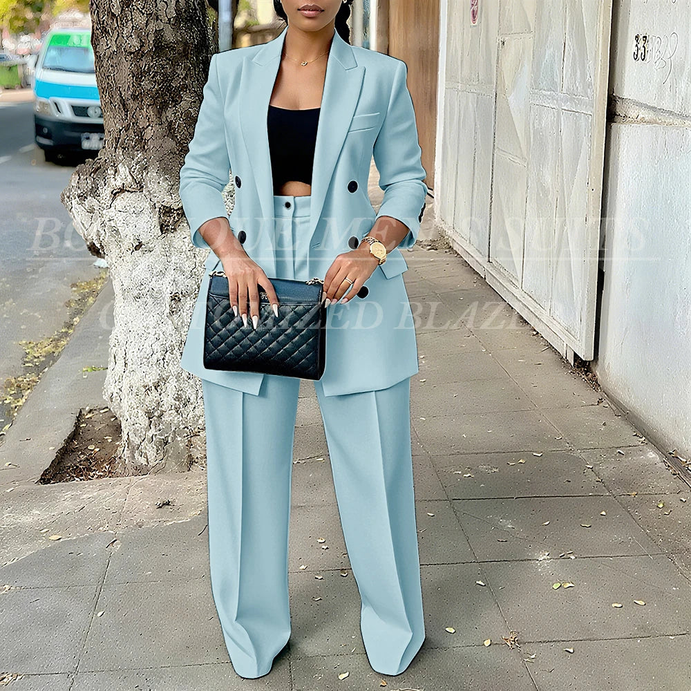 Elegant Women's Double Breasted Peak Lapel Blazer and Pleated Trouser Pants 2pc Suit